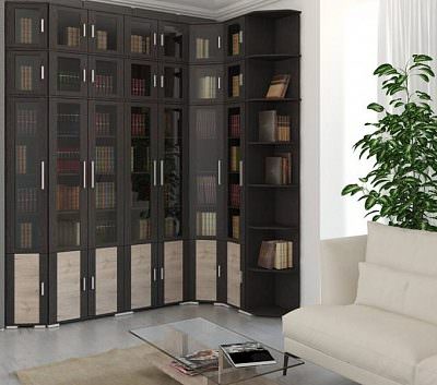 Угловой книжный шкаф с распашными дверями